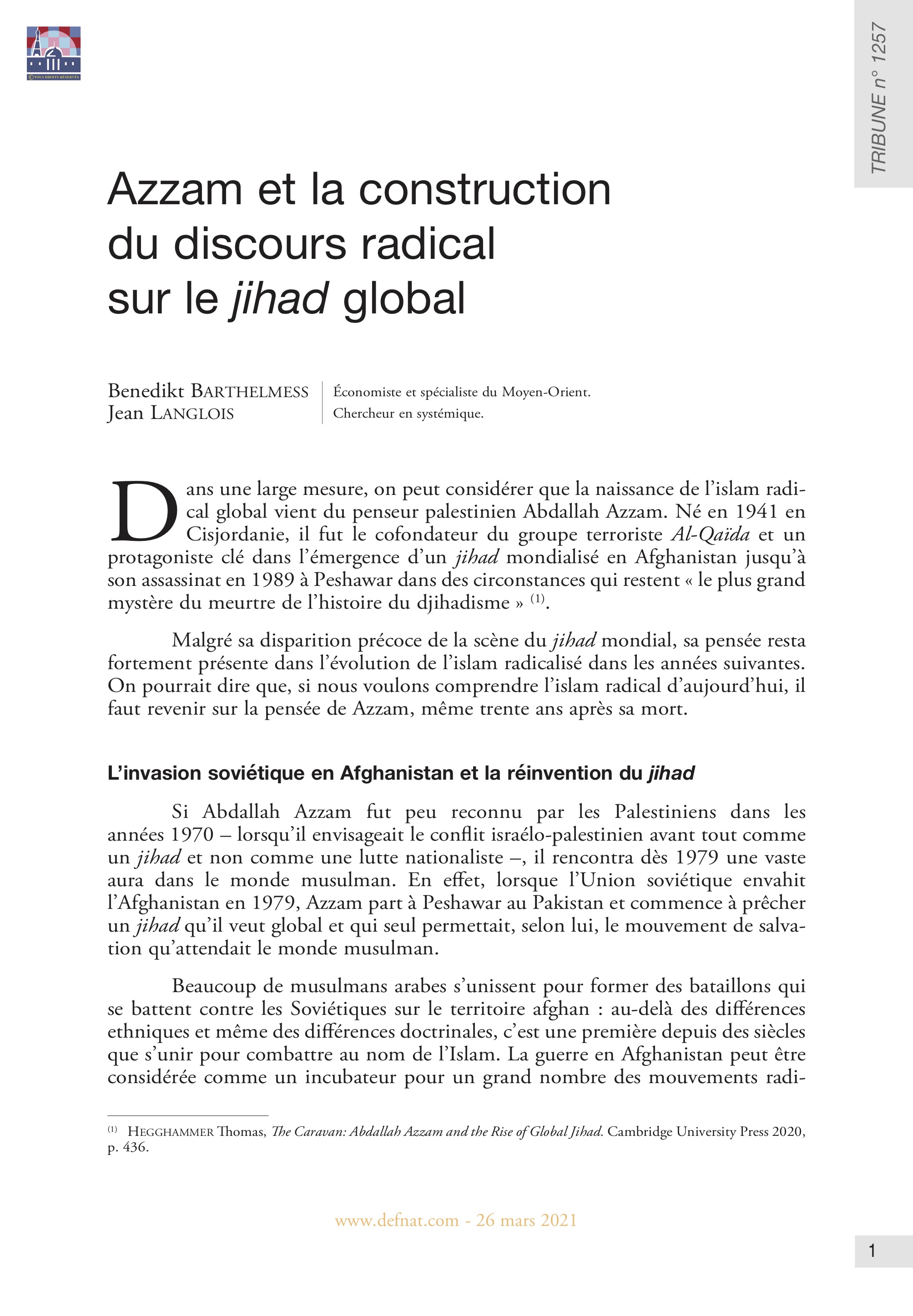 Azzam et la construction du discours radical sur le jihad global (T 1257)
